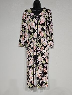 Miss Elaine | Women Black Floral Pink 3/4 Sleeves Zip Loungewear Robe Sz S